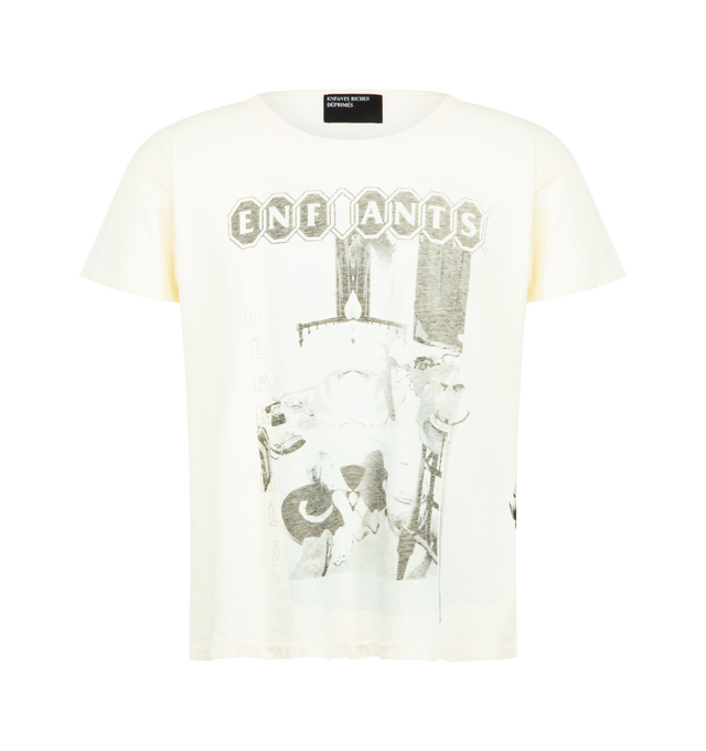 Image 1 of 2 - WHITE - ENFANTS RICHES DEPRIMES Show Me Kansas T-Shirt featuring short-sleeves, dirty white vintage mid weight cotton jersey, tailored fit,  bound rib knit neckline, a single-stitch hem at the cuffs and waist, printed artwork at the front and back, a vintage wash process and distressing throughout. 100% cotton.  
