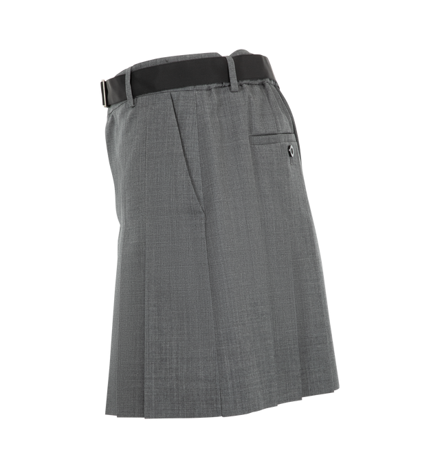 Image 3 of 3 - GREY - Sacai pleated suiting shorts in an above-knee length with asymmetric hemline and built-in adjustable belt. Outer fabric is 70% polyester / 30% wool with 100% cupro lining. Made in Japan. 