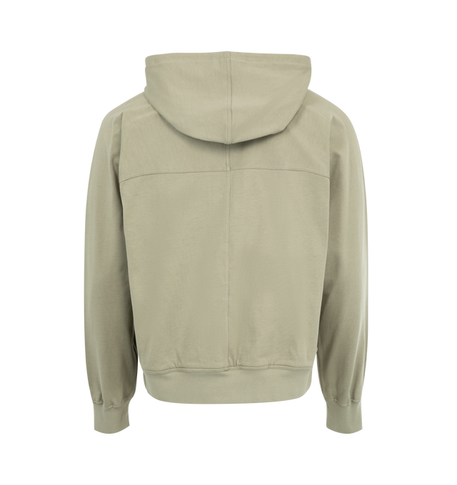 Image 2 of 2 - GREEN - Rick Owens Windbreaker Loose Fit Sweatshirt featuring drawstring hood, long sleeves, signature hanging laces, zip fastening on the front, stud detail on the front,  2 side pockets, ribbed hem and cuffs and silver colored metalware. 100% cotton. Made in Italy. 