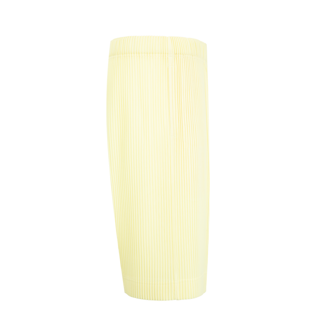 Image 3 of 3 - YELLOW - Issey Miyake Men's August Pleated Shorts feature signature pleated polyester jersey with quick-drying properties, side pockets, and an elasticated waistband with a button-fly closure. These designer shorts combine lightweight performance with the brand's iconic pleated construction for everyday comfort and modern style. Main Material: 100% Polyester. 