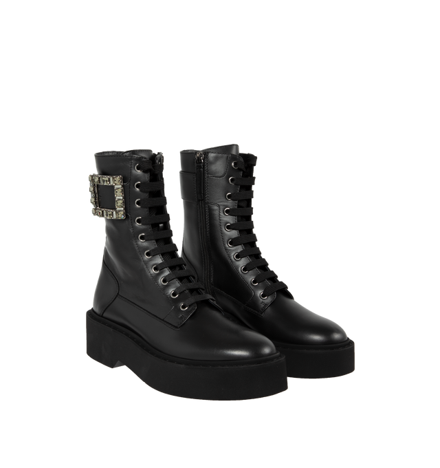 Image 2 of 4 - BLACK - Roger Vivier Viv Rangers Leather Buckle Combat Boots crafted from smooth leather featuring signature pilgrim buckle accent, 1 inch platform heel, round toe, lace-up vamp, side zip closure, leather lining and lug rubber sole. Made in Italy. 