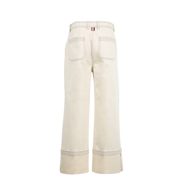 Image 2 of 3 - WHITE - THOM BROWNE Selvedge Denim Wide Leg Trouser featuring tab front closure, 2 back patch pockets and signature striped grosgrain loop tab. 100% cotton.  Made in Italy. 