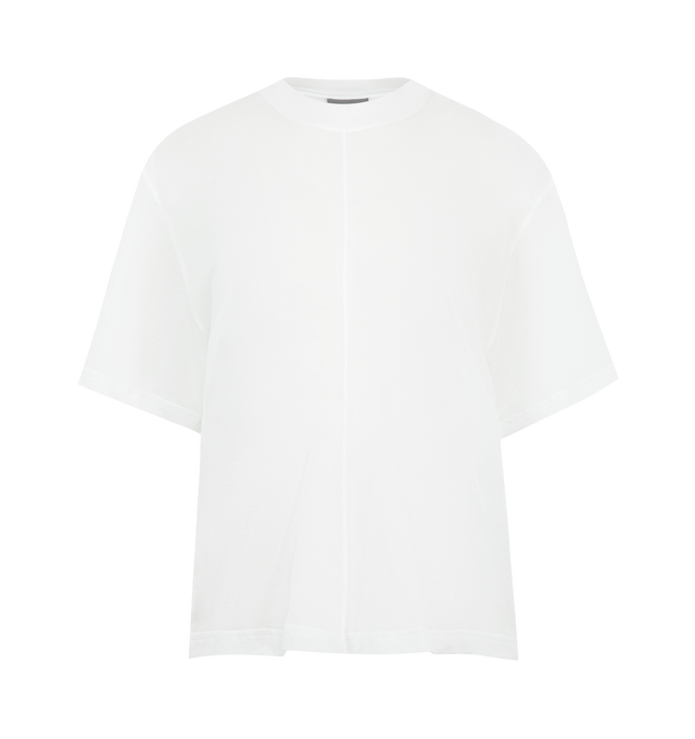 Image 1 of 3 - WHITE - BALENCIAGA Transparent Top featuring transparent jersey, crewneck, front seam detail, short sleeves, asymmetric hem construction with elongated back, rounded, fluid volume at the back and embroidered Balenciaga logo on the left sleeve. 70% cotton, 30% polyamide. Made in Portugal. 