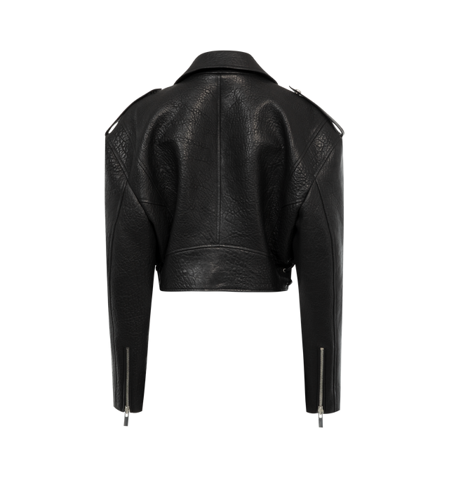 Image 2 of 3 - BLACK - Magda Butrym boxy, cropped bike jacket crafted from soft embossed sheep leather with crisscross strap detailing down the sides.  100% sheep leather shell with 100% viscose lining.  