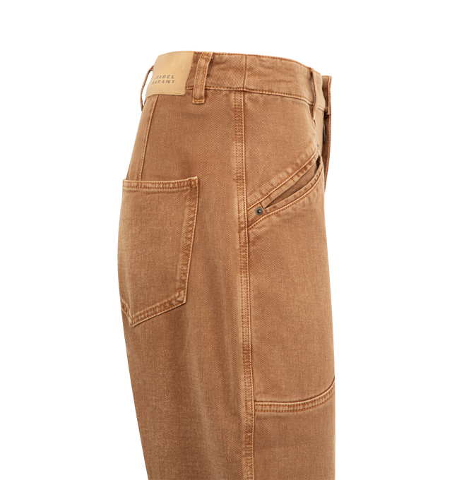 Image 3 of 3 - BROWN - ISABEL MARANT Catarina denim jeans with topstitched details, fitted waistband with loops, engraved button and hidden zipper, piped side pockets, topstitched seams, leather label in back with an embossed "Isabel Marant" logo, patch pockets on the back, antique gold-finish metal details, medium-rise waist and relaxed straight cut. 80% cotton, 20% hemp. 