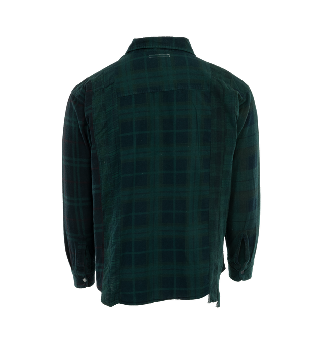 Image 2 of 3 - GREEN - NEEDLES Flannel Shirt featuring check pattern, spread collar, button closure, patch pocket and fringed detailing at shirttail hem. 100% cotton. Made in Japan. 