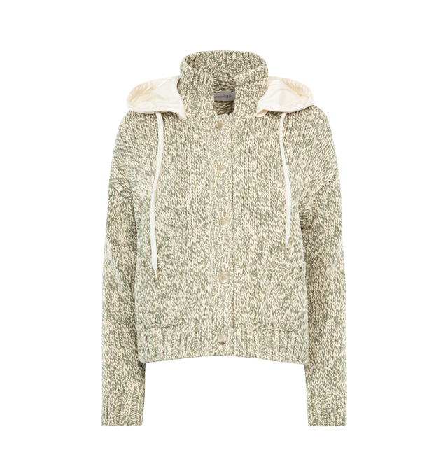 GREEN - MONCLER Rib-Knit Hooded Cardigan featuring contrasting hood with adjustable drawstrings, spread collar, button front, dropped shoulders, long sleeves, dual front patch pockets, slightly cropped length and ribbed cuffs and hem. Cotton/nylon/polyamide. Made in Italy.