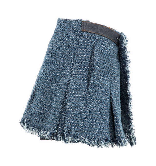 Image 3 of 3 - BLUE - Sacai Womn's pleated denim mini skirt with frayed edges and integrated shorts underneath. 