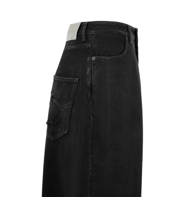 Image 3 of 3 - BLACK - Balenciaga Women's High Waist Barrel Twisted Seam Pants are crafted from organic Japanese denim and feature a barrel-leg silhouette with curved construction and twisted seams. Designed with a high-rise waist, distressed detailing, a covered button fly, six belt loops, two front slash pockets, and two open back pockets, these jeans are finished with Balenciaga-engraved buttons and a grey Balenciaga logo leather patch at the back. Main Material: 100% Cotton. Pocket Lining: 100% Cotton.  