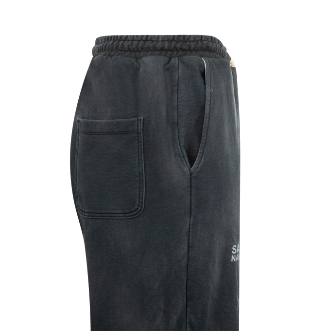 Image 3 of 4 - BLACK - SATOSHI NAKAMOTO Holy Ghost Layered Sweatpants featuring cotton fleece sweatpants, fading and distressing throughout, drawstring at elasticized waistband, three-pocket styling and two layers. 100% cotton. 