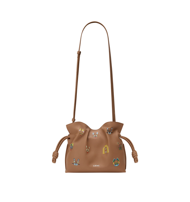 Image 3 of 4 - BROWN - LOEWE Cats Mini Flamenco Clutch in nappa calfskin featuring a cinched closure and historical knot drawstrings, allover 3D-effect cat prints, shoulder, crossbody or hand carry, detachable and adjustable strap, magnetic closure, suede lining and embossed LOEWE. Nappa calf. 18 cm x 23.9 cm x 9 cm. Made in Spain. 