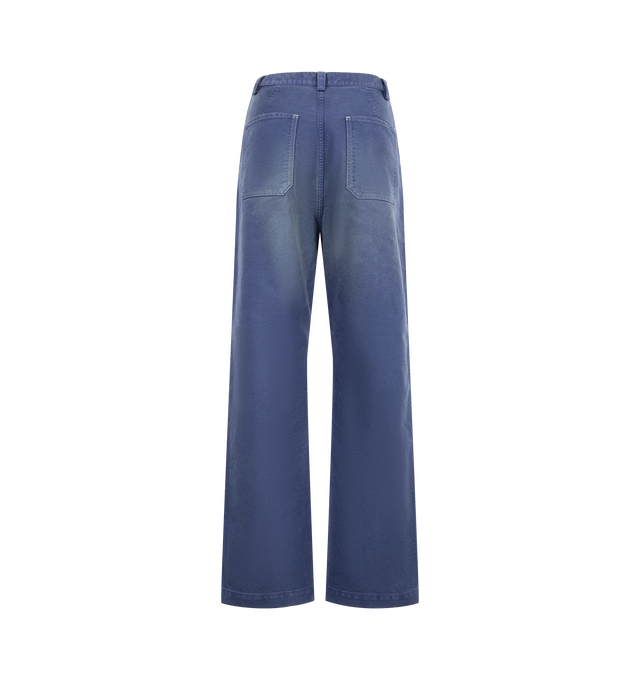 Image 2 of 3 - BLUE - Auralee Women's Garment-Dyed Organic Cotton Heavy Moleskin Pants are crafted from densely woven organic cotton heavy moleskin and feature a regular-fit silhouette with a straight-leg cut. Garment-dyed and carefully hand-finished, each pair develops a subtle vintage character with unique tonal variations and texture. Designed to age beautifully over time, the fabric gains depth and individuality through wear, revealing richer tones and a distinctive lived-in appearance. Main Material: 1 