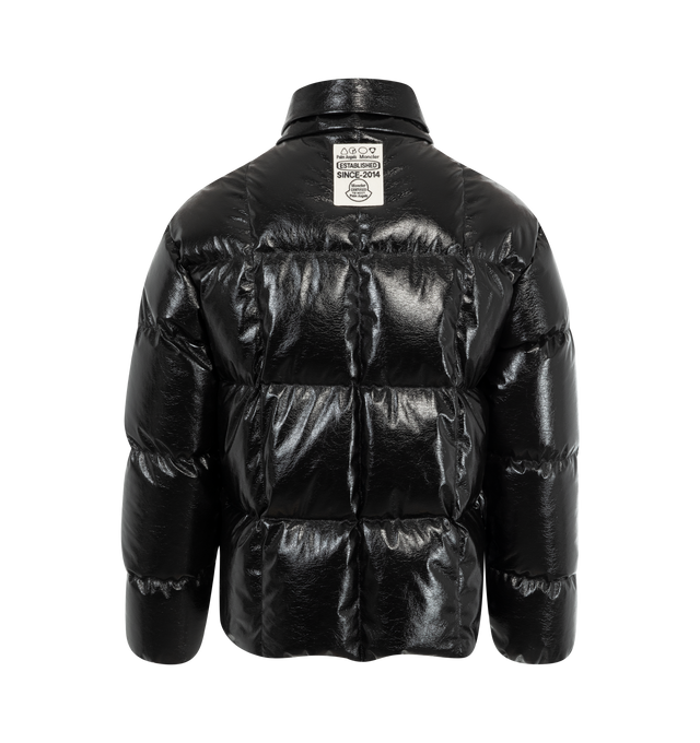 Image 2 of 3 - BLACK - Moncler X Palm Angels Simoon Faux-Leather Down Jacket has a stand collar, a zip front closure, side zip pockets, a drawstring hem, elastic cuffs, and logo patches. Full satin lining. 100% goose down. 100% polyester exterior. Made in Hungary.  