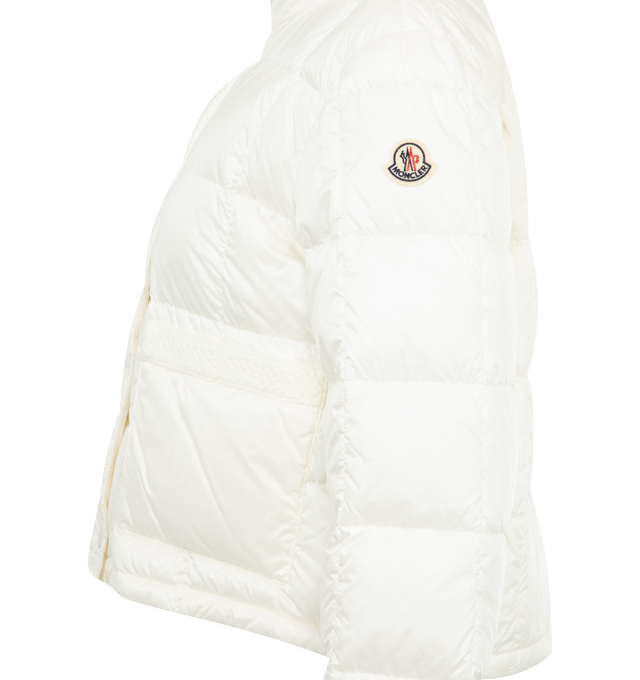 Image 3 of 3 - WHITE - MONCLER Jarcieu Braided Trim Short Down Jacket featuring longue saison lining, down-filled, zipper and snap button closure, patch pockets with braided trim, adjustable cuffs and hem with drawstring fastening. 100% polyamide/nylon. Padding: 90% down, 10% feather. 