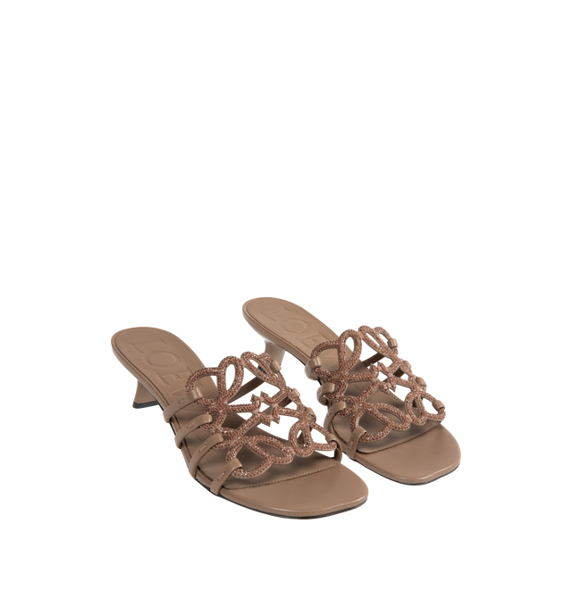 Image 2 of 4 - BROWN - LOEWE Petal Anagram Slide in rhinestone-embellished suede featuring a cut-out Anagram upper with hand-painted edges, hand-stitched seams, 45mm heel, embossed LOEWE insole, padded leather insole and rubber-injected island on the outsole. Suede/strass. Made in Italy. 