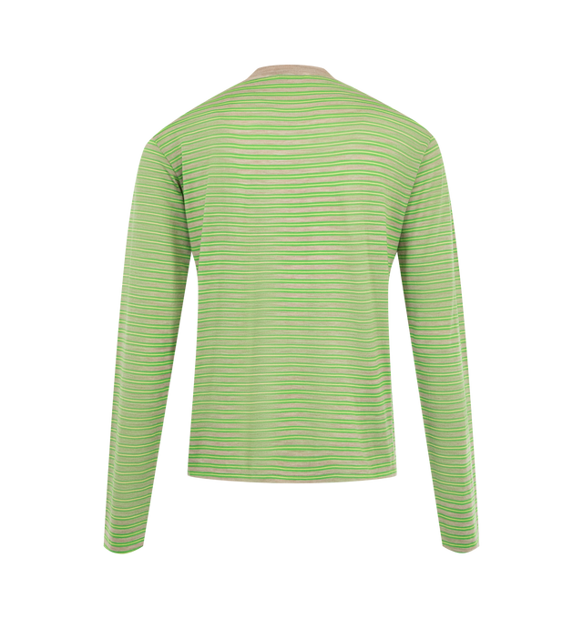Image 2 of 2 - GREEN - Auralee Women's Soft Smooth Wool Stripe Long-Sleeve T-Shirt is crafted from 15.5-micron merino wool jersey and features a multicolored striped design. The fabric has a natural sheen with an exceptionally smooth, soft, and fluid hand. Cut in a regular fit. Main Material: 100% Wool. 