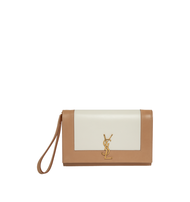 Image 1 of 3 - NEUTRAL - SAINT LAURENT Cassandre Flap Pouch featuring contrasting trim, wrist strap, bronze toned hardware, magnetic closure and one flat pocket. 9.4" X 6.3" X 1.6". Lambskin, calfskin.  
