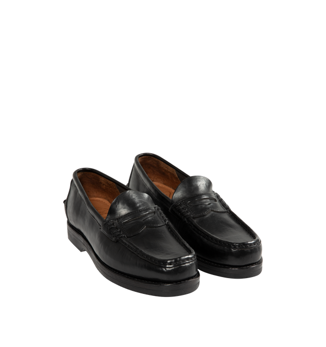 Image 2 of 4 - BLACK - Visvim Men's Fabro-Folk Leather Loafers are crafted from Italian vegetable-tanned horsehide and feature a minimalist penny loafer silhouette with hand-sewn construction and Goodyear-welted detailing. Designed with a pigment-free leather lining, natural cork insole, leather welt and midsole, and a Vibram outsole for lasting comfort, durability, and resoling capability. Main Material: Italian Vegetable-Tanned Horsehide. Lining: Pigment-Free Leather. Insole: Natural Cork. Midsole: Leathe 