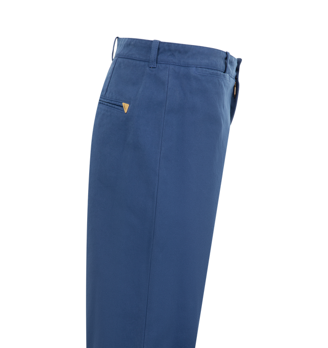 Image 3 of 3 - BLUE - Chlo Flared tailored pants in dyed organic cotton canvas, featuring a gold-toned button decorated with a horse design, gold metal logo triangle on the right back pocket, front zipper closure, belt loops, 2 front pockets and 1 back welt pocket. 100% Cotton.  Made in Italy. 