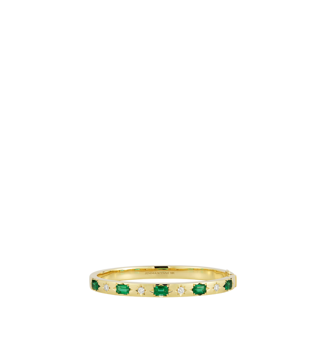 Image 1 of 1 - GOLD - JEMMA WYNNE Anniversary Diamond and Emerald Cuff featuring 18k Gold, alternating Emeralds - 3.4cts and Diamonds - 0.45cts, Width - 6mm. Hirshleifers offers a range of pieces from this collection in-store. For personal consultation and detailed information about jewelry, please contact our dedicated stylist team at personalshopping@hirshleifers.com. This item may be restricted for online purchase to international clients. For assistance purchasing this item please contact our dedicated  