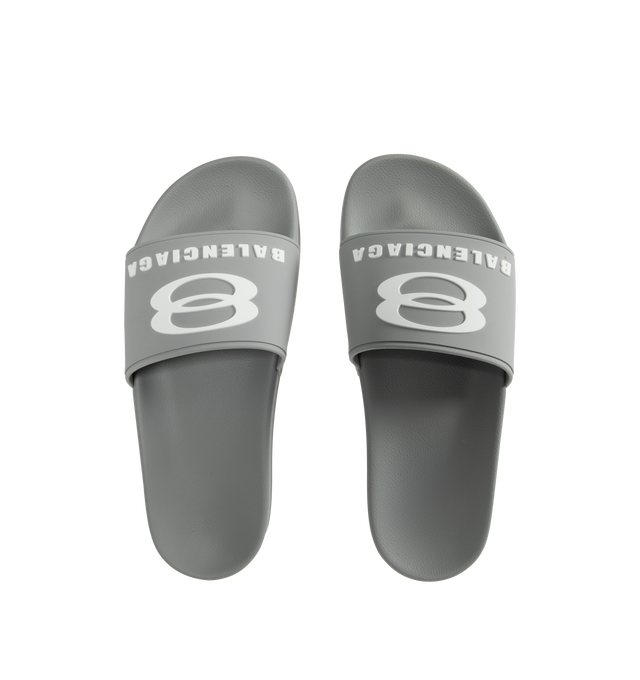 Image 4 of 4 - GREY - BALENCIAGA Pool Slide Sandal featuring molded rubber footbeds, unity sports icon artwork on the strap and tone-on-tone sole and insole. Upper: polyurethane. Sole: EVA. Made in Italy. 