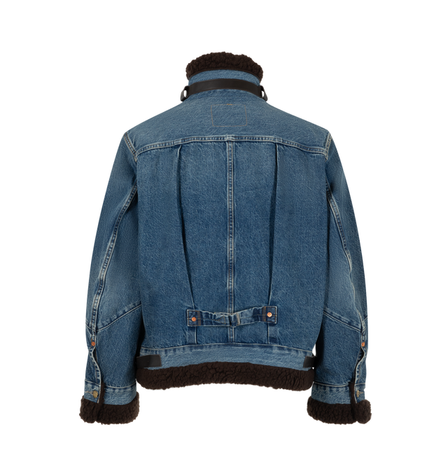 Image 2 of 5 - BLUE - Sacai X Levi's Men's Denim Jacket are crafted from a medium-dark wash cotton denim paired with contrasting plush faux-shearling/sherpa accents at the collar, cuffs, and hem. Main Material: 100% Cotton. Made in Japan. 