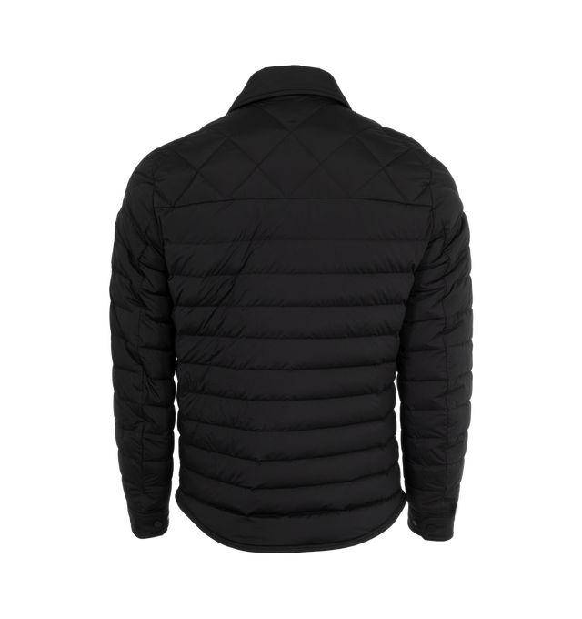 Image 2 of 3 - BLACK - Moncler Iseran Down Overshirt has a point collar, a snap front closure, a chest flap pocekt, side zip pockets, a signature leather logo patch on the sleeve, and snap cuffs for an adjustable fit. Down and feather fill. Made in Romania.  