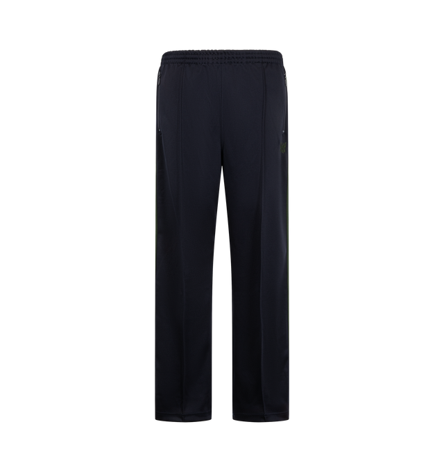 Image 1 of 3 - NAVY - Needles Men's Track Pant - Poly Smooth is crafted from smooth polyester jersey and features the brands signature track pant silhouette with side stripe detailing and embroidered branding. Designed for a relaxed fit, this athletic-inspired style combines comfort and versatility with a streamlined profile and elasticized waistband. Main Material: Polyester. Fit: Relaxed. Waist: Elasticized. Details: Side Stripes, Embroidered Logo. Made in Japan. 