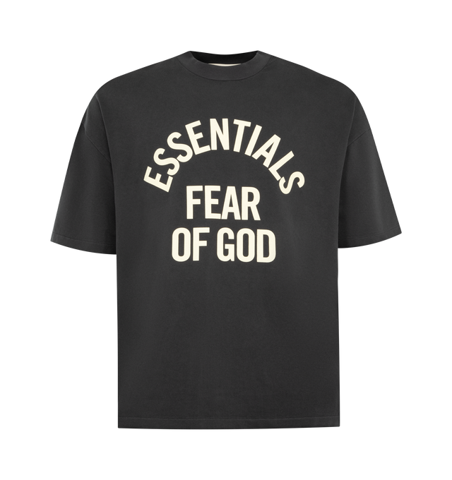 Image 1 of 2 - BLACK - FEAR OF GOD ESSENTIALS Campus 90s Tee featuring heavyweight cotton jersey, pigment dyed, crewneck, 90s fit with oversized proportions and dropped shoulders, campus puff-print graphic on front and Fear of God Essentials label at the back neckline. 100% cotton. 
