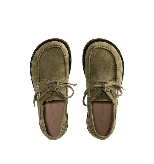 Image 4 of 4 - GREEN - JW Anderson Women's Ruffle Suede Boat Shoes are crafted in Italy from premium suede and feature a contemporary boat shoe silhouette enhanced with layered suede ruffles. Designed with a lace-up closure, blind-embossed JWA logo, and a refined fit focused on comfort, the shoes reinterpret a classic style through the brand's signature playful detailing. Main Material: 100% Split Cow Suede. Made in Italy. 