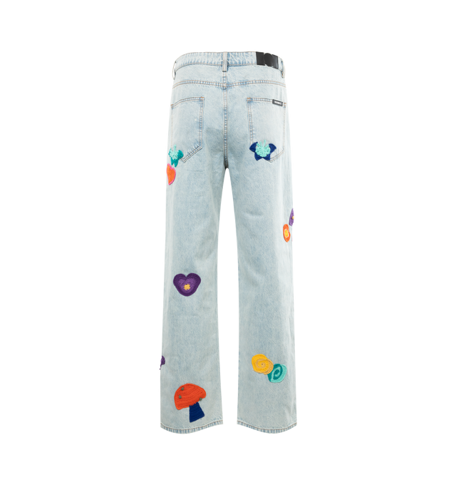 Image 2 of 3 - BLUE - NAHMIAS Crochet Patchwork Jeans featuring stonewashed, multiple knit patches, logo patch to the rear, embroidery, wide leg, belt loops, fly and button fastening and classic five pockets. 100% cotton. 