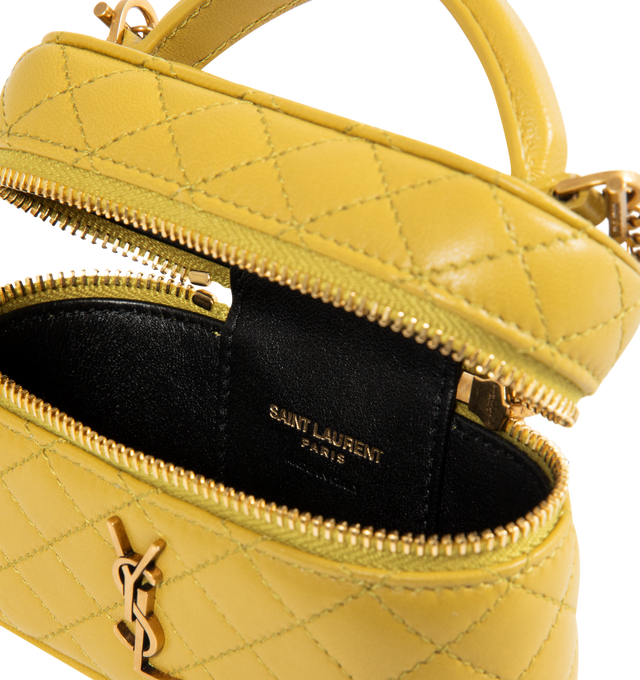 Image 3 of 3 - YELLOW - SAINT LAUREN Micro Gaby Vanity Bag sized to fit small items such as AirPods, keys, lipstick, and cards. Decorated with the CASSANDRE and diamond-quilted overstitching. Crafted from Lambskin and fully lined in leather, featuring a detachable chain strap for multiple carry options, bronze-toned hardware, zip closure, one card slot. Measures 4.7" x 3.1" x 1.6" with 1.8" handle drop and 21.7" strap drop. Lambskin. Made in Italy 