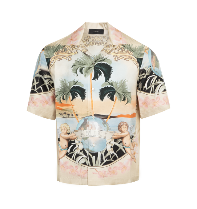 Image 1 of 2 - MULTI - AMIRI Cherub Silk Shirt featuring all over Cherub and Palm Tree print, camp collar, drop shoulder, short sleeves, straight hem and front button fastening. 100% silk.  