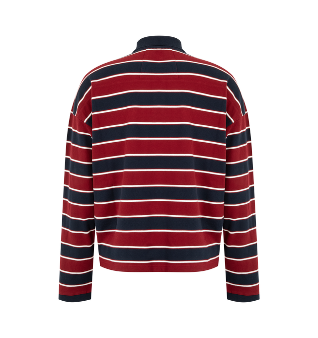 Image 2 of 2 - MULTI - Rhude Men's Fontaine Striped Long Sleeve Polo Shirt is crafted from premium knit fabric and features a relaxed silhouette with a classic polo collar, long sleeves, striped detailing, and a buttoned placket for a refined sportswear-inspired look. This designer long sleeve polo combines vintage athletic influences with Rhude's signature luxury streetwear aesthetic, creating a versatile statement piece for elevated everyday styling. Main Material: 100% Cotton Knit. 