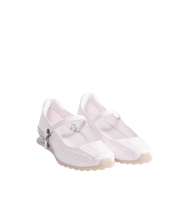 Image 2 of 5 - PINK - Nike Womens Shox Z Calistra Shoe is a ballet-inspired flat on top of sleek sneaker-inspired heel cushioning. Designed with an adjustable midfoot strap, Nike Shox Z cushioning pillars, signature Nike and Shox branding, and durable rubber outsole. Upper: Synthetic Leather; Cushioning: Nike Shox Z; Outsole: Rubber. Imported 
