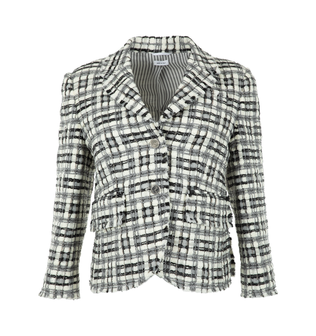 Image 1 of 2 - WHITE - Thom Browne Women's Ribbon-Tweed Sportcoat is crafted from ribbon tweed and features a tailored silhouette with notched lapels, a button-front closure, and frayed edges throughout. Designed in a textured check pattern, this elevated jacket is finished with front flap pockets, buttoned cuffs, the brand's signature grosgrain loop tab, and silver-tone hardware. Main Material: 64% Polyamide, 15% Polyester, 9% Viscose, 9% Acrylic, 2% Cotton, 1% Virgin Wool. Body Lining: 100% Silk. Sleeve L 