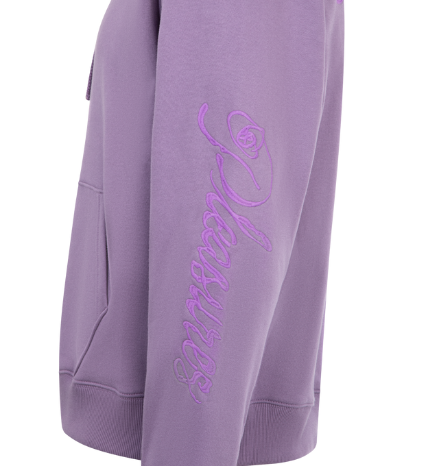Image 3 of 3 - PURPLE - PLEASURES Scrawl Cotton Blend Hoodie featuring relaxed fit, drawstring hood, ribbed cuffs and hem and kangaroo pocket. 50% cotton, 50% polyester. 