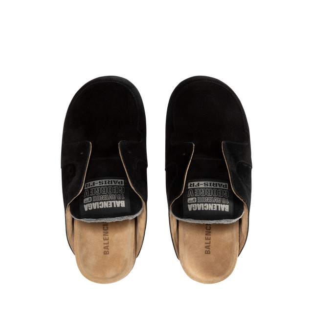 Image 4 of 4 - BLACK - BALENCIAGA Dumbo Mule featuring suede calfskin, worn-out effect, round toe, visible tone-on-tone top-stitching, Balenciaga and 10 AV George V Paris logo patch on the tongue and cork-covered sole. Calfskin. Made in Italy. 