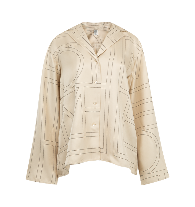 Image 2 of 4 - WHITE - TOTME Monogram Silk PJ Top has a lapel collar, mother of pearl buttons, and all-over monogram embroidery. 100% silk.  