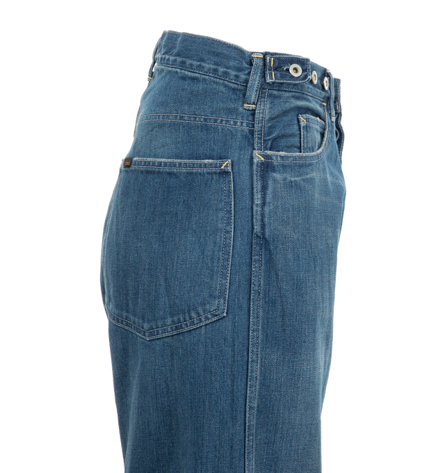 Image 3 of 3 - BLUE - CHIMALA Waist Adjustable Denim Jeans featuring baggy straight leg, adjustable tab and button detailing at waist for versatile fit, button fly and classic jean pocket detail. 100% cotton. 