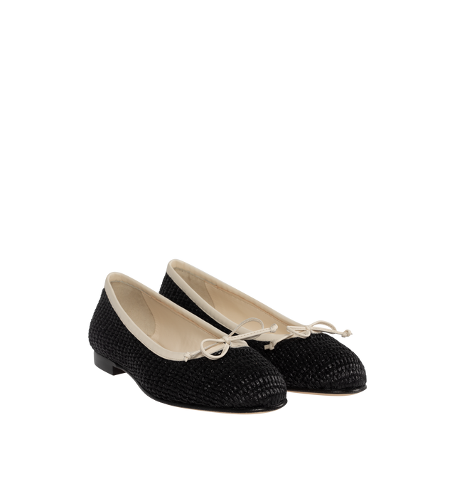 Image 2 of 4 - BLACK - MANOLO BLAHNIK Veralli Rafia Ballerina Flats featuring nappa leather decorative bow detail and edging, round toe and a flat stacked heel. 95% raffia, 5% lamb nappa. Sole: 100% calf leather. Lining: 100% kid leather. 10MM. Made in Italy. 