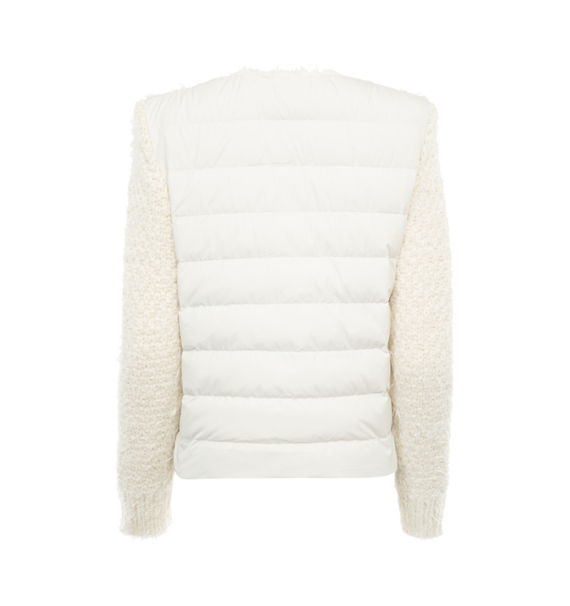 Image 2 of 2 - WHITE - MONCLER Padded Wool Cardigan featuring Merino wool and nylon blend, longue saison lining, down-filled longue saison back, fully-fashioned stockinette stitch sleeves and back, Gauge 7, snap button closure, pockets and knit ribbon trim. 80% virgin wool, 18% polyamide/nylon, 1% metallized fiber, 1% viscose/rayon. 100% polyester. Padding: 90% down, 10% feather. 