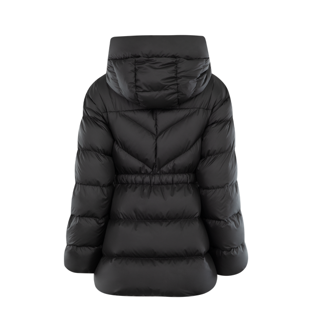 Image 2 of 3 - BLACK - MONCLER Brosse Short Down Jacket featuring brushed polyester, longue saison lining, down-filled, hood, zipper closure, zipped pockets and elastic belt with logo buckle. 100% polyester. Padding: 90% down, 10% feather. 