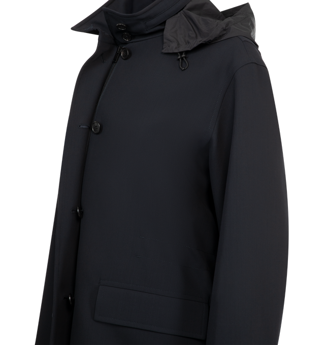 Image 5 of 5 - NAVY - THE ROW Tanera Jacket in smooth virgin wool gabardine with concealable hood at collar, adjustable interior drawstring waistband and concealed front placket with zipper and button closures. 100% wool. Lined in 100% silk. Made in Italy. 