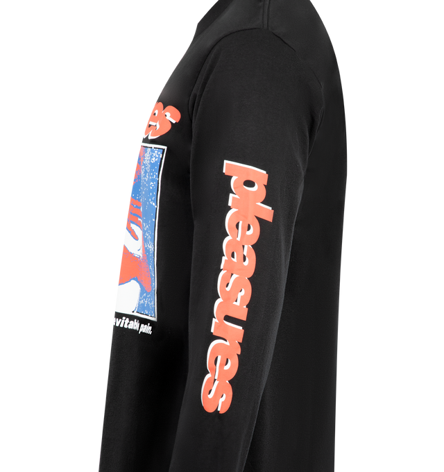 Image 3 of 3 - BLACK - PLEASURES Embrace Long Sleeve Shirt featuring crew neck, long sleeves and graphic on front and sleeves. 100% cotton.  