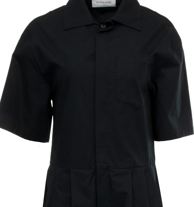 Image 4 of 4 - BLACK - ARMARIUM Roman Wide-Leg Jumpsuit featuring a rain shield back cutout and double-pleated front, point collar, concealed button front, short sleeves, side slip pockets, back patch pockets, wide legs and full length. 100% cotton. Made in Italy. 