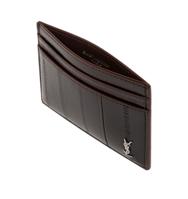 Image 3 of 3 - BROWN - SAINT LAURENT Logo Card Holder featuring a tiny logo, silver-tone hardware and five card slots. 4.1" x 2.9" x 0.1". Calfskin. Made in Italy. 