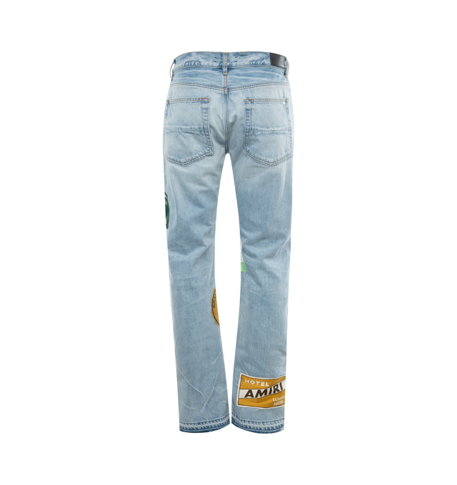 Image 2 of 3 - BLUE - AMIRI Travel Patch Straight Jean featuring 5 pockets, zip fastening, straight fit and embroidered patches. 100% cotton. 