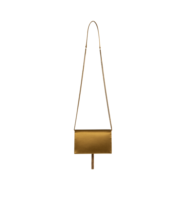 Image 2 of 3 - BROWN - SAINT LAURENT Kate Tassel Satin Wallet on Chain featuring signature YSL logo lettering with tassel, detachable chain shoulder strap, can be worn as a wallet on chain or shoulder bag, flap top with magnetic closure, interior one zip pocket and card slots and bronze hardware. 4.9"H x 7.4"W x 1.5"D. Made in Italy. 