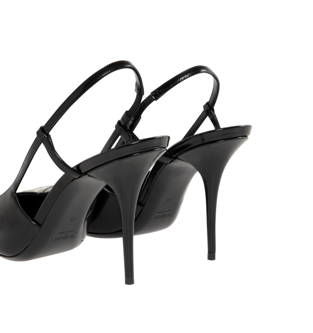 Image 3 of 4 - BLACK - SAINT LAURENT Jeanne Slingback Pumps in glazed leather featuring a square pointed metal cap toe decorated with a cassandre martel, a square-cut vamp, stiletto heel, leather sole, round saint laurent-engraved metal plaque on the insole and elasticized slingback strap. 3.5 inch heel. Calfskin. Made in Italy. 